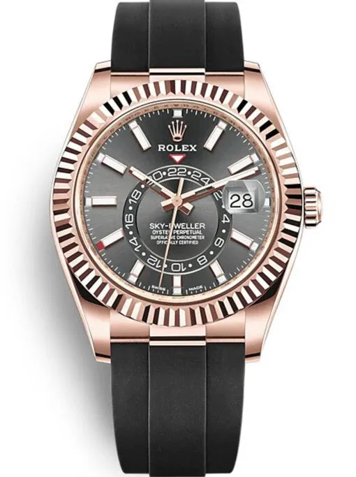replica-rolex-sky-dweller-42mm-black-dial-326235-510x683-1 Rolex Sky-Dweller 42mm Black Dial Super Clone with a fluted Ring Command bezel, Oyster bracelet, and automatic movement.