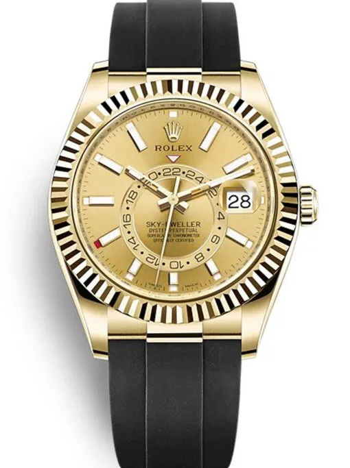 replica-rolex-sky-dweller-42mm-champagne-dial-326238-510x683-1 Rolex Sky-Dweller 42mm Champagne Dial Super Clone with a fluted Ring Command bezel, Oyster bracelet, and automatic movement.