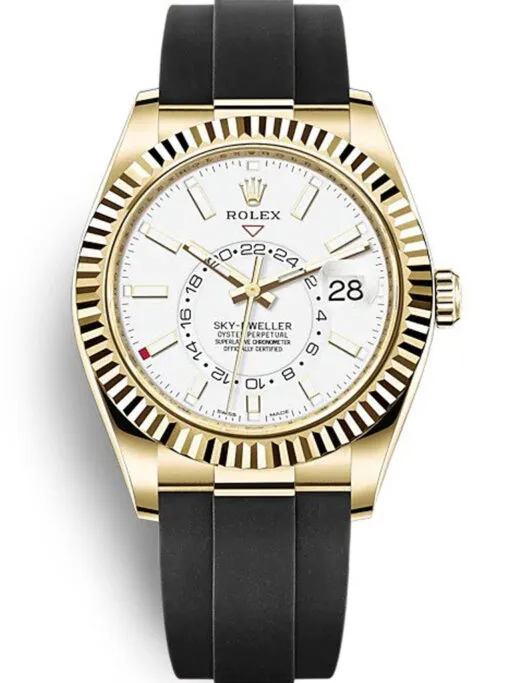 Rolex Sky-Dweller 42mm White Dial Super Clone with a fluted Ring Command bezel, Oyster bracelet, and automatic movement