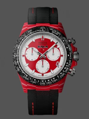 Daytona DIW Red Carbon DIWF Best Edition featuring a Red and White Dial, red carbon case, fixed carbon tachymeter bezel, black nylon strap, and DD4801 automatic chronograph movement.