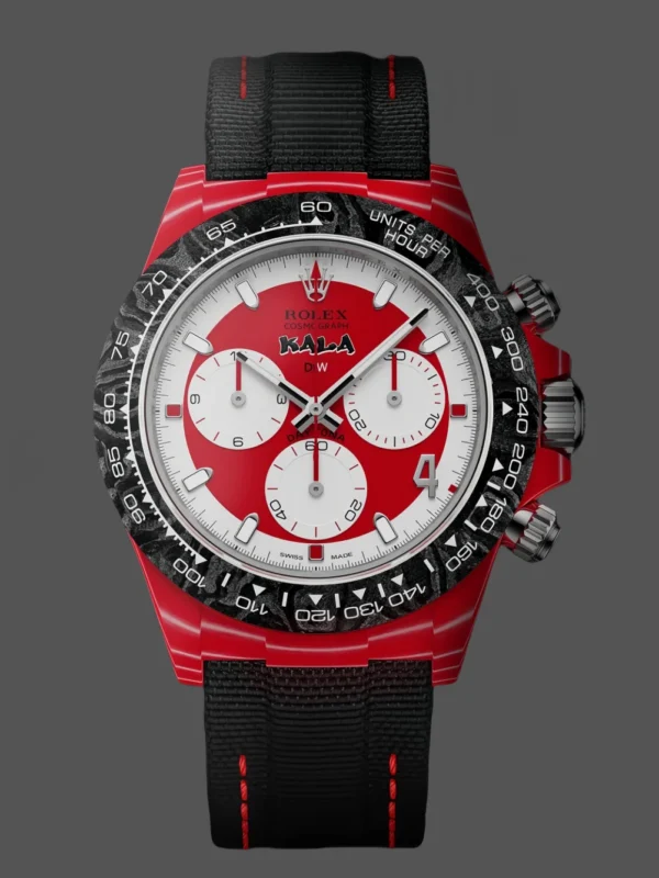 00bec8139fa4d7a4daddbe9a201a2634 Daytona DIW Red Carbon DIWF Best Edition featuring a Red and White Dial, red carbon case, fixed carbon tachymeter bezel, black nylon strap, and DD4801 automatic chronograph movement.