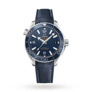 Omega Seamaster Planet Ocean O21533402003001 with a blue ceramic dial, 39.5 mm stainless steel case, blue ceramic diving bezel, and blue leather strap.