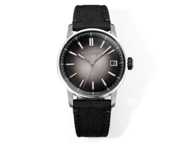 02155AAD-9EF0-D012-4282-6719F3425E83 Audemars Piguet CODE 11.59 41mm Smoked Grey Dial Stainless Steel Black Fabric Strap Automatic Watch 15210ST.OO.A009KB.01