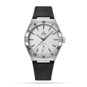 Omega Constellation O13112412106001 with a rhodium grey silk-embossed dial, 41 mm stainless steel case, and black rubber strap.