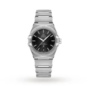 Omega Constellation O13110362001001 with a black sun-brushed dial, 36 mm stainless steel case, Roman numeral bezel, and stainless steel bracelet.