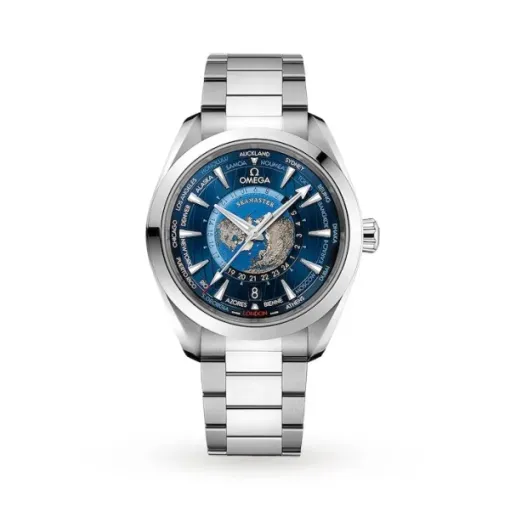 0831489B-0935-8ED7-5D73-D98FD477D9E4 Omega Seamaster Aqua Terra O22010432203001 with a blue Worldtimer dial, 43 mm stainless steel case, blue ceramic GMT bezel, and stainless steel bracelet.