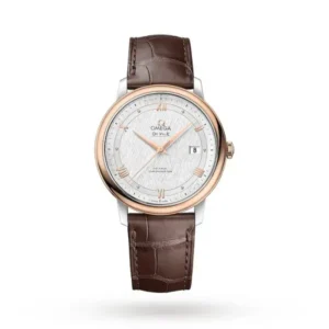 Omega De Ville Prestige O42423402002002 with a mother-of-pearl dial, 39.5 mm stainless steel and 18K Sedna™ Gold case, and brown alligator leather strap