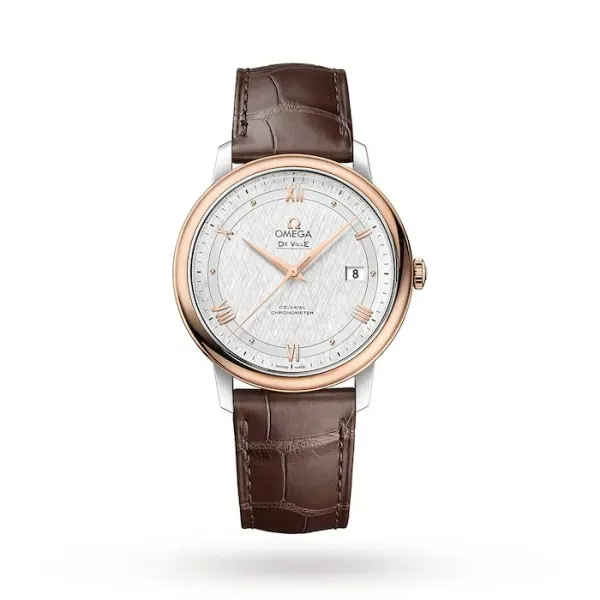 Omega De Ville Prestige O42423402002002 with a mother-of-pearl dial, 39.5 mm stainless steel and 18K Sedna™ Gold case, and brown alligator leather strap