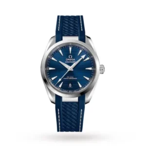 Omega Seamaster Aqua Terra O22012382003001 with a blue teak-pattern dial, 38 mm stainless steel case, and blue rubber strap.