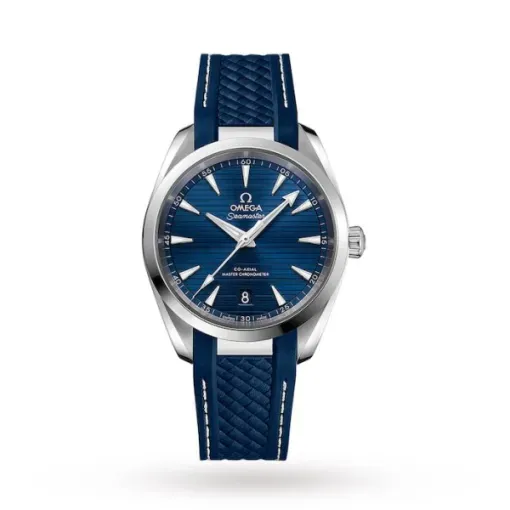 0F350962-A803-F67B-DFA4-536A253202C3 Omega Seamaster Aqua Terra O22012382003001 with a blue teak-pattern dial, 38 mm stainless steel case, and blue rubber strap.