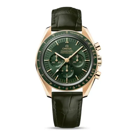 0FC5AAE9-2A9C-AD9C-FCC8-F45CC2DFD556 Omega Speedmaster Moonwatch Professional 42mm Green Dial 18K Moonshine Gold Green Leather Watch O310.63.42.50.10.001
