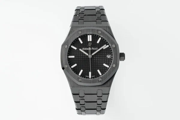 Audemars Piguet Royal Oak 15500 with a 41 mm black ceramic case, black dial, and black ceramic bracelet. Audemars Piguet Royal Oak 15500 with a 41 mm black ceramic case, black dial, and black ceramic bracelet.