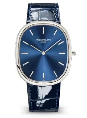 Patek Philippe 5738P Golden Ellipse with a sunburst blue dial, platinum case, and navy blue leather strap.