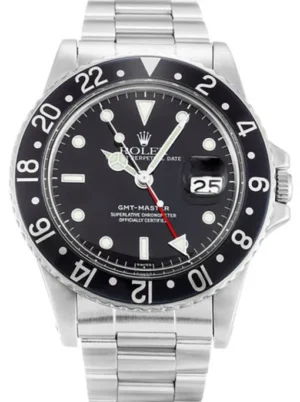 Rolex GMT-Master 40mm Black Dial 16750 Super Clone featuring a stainless steel case, Black Dial, 24-hour GMT bezel, Oyster bracelet, and automatic movement.