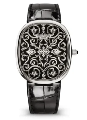 Patek Philippe 5738/51G Golden Ellipse with a hand-engraved black Grand Feu enamel dial, white gold case, and black leather strap.