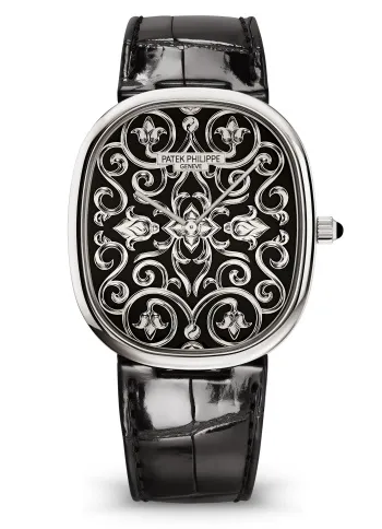 Patek Philippe 5738/51G Golden Ellipse with a hand-engraved black Grand Feu enamel dial, white gold case, and black leather strap.