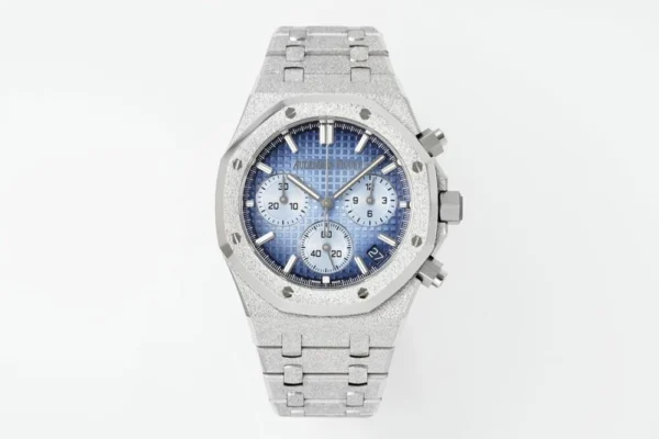 Audemars Piguet Royal Oak Chrono 26240BC with a blue dial, 41 mm stainless steel case, and stainless steel bracelet.