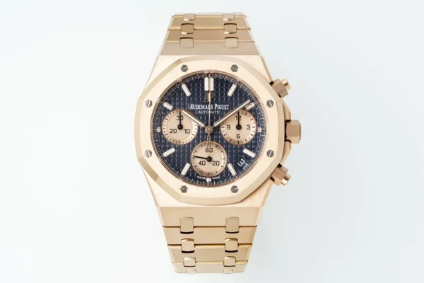 13392053886789949 Audemars Piguet Royal Oak Chrono 26240 RG APSF with a blue and rose gold dial and matching rose gold bracelet.