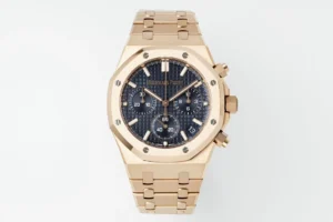 13392054093873406 Audemars Piguet Royal Oak Chrono 26240 RG APSF with a blue dial and matching rose gold bracelet.