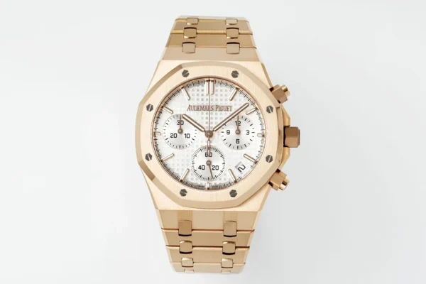 13392054475678809 Audemars Piguet Royal Oak Chrono 26240 RG APSF with a white dial, rose gold-toned subdials, and integrated rose gold bracelet.