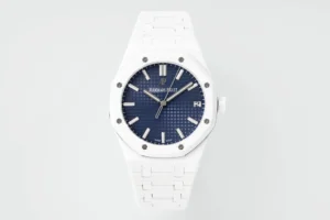 13392130408681566 Audemars Piguet Royal Oak 15500 with a 41 mm white ceramic case, blue dial, and white ceramic bracelet.