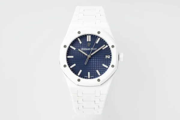 13392130408681566 Audemars Piguet Royal Oak 15500 with a 41 mm white ceramic case, blue dial, and white ceramic bracelet.