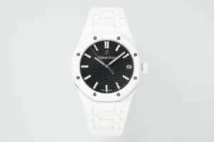 13392130847922605 Audemars Piguet Royal Oak 15500 with a 41 mm white ceramic case, black dial, and white ceramic bracelet.