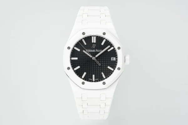 13392130847922605 Audemars Piguet Royal Oak 15500 with a 41 mm white ceramic case, black dial, and white ceramic bracelet.