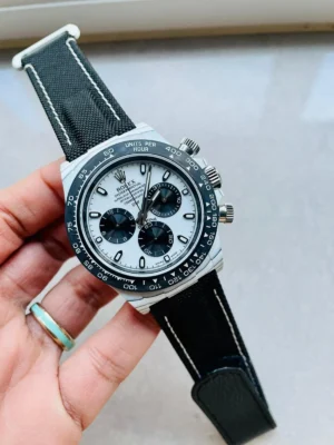 16-2-1-1 Rolex Daytona DIW Panda White Carbon SA4130 V2 Super Clone featuring a 40mm white carbon fiber case, White and Black Panda Dial, white carbon tachymeter bezel, black nylon strap, and SA4130 automatic chronograph movement.