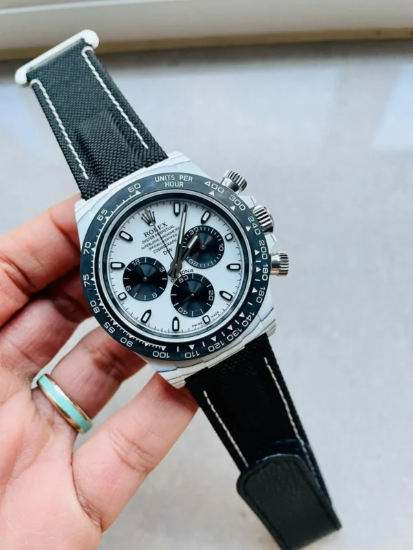 Rolex Daytona DIW Panda White Carbon SA4130 V2 Super Clone featuring a 40mm white carbon fiber case, White and Black Panda Dial, white carbon tachymeter bezel, black nylon strap, and SA4130 automatic chronograph movement.