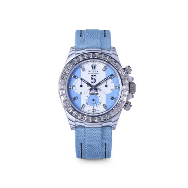 Daytona DIW White Carbon Case DIWF Edition featuring a Baby Blue and White Crystal Dial, crystal-set bezel, white carbon case, baby blue nylon strap, and DD4801 automatic chronograph movement