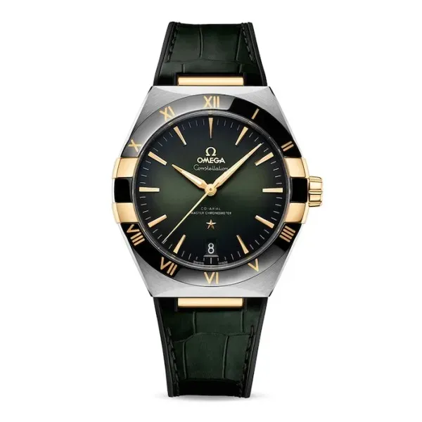Omega Constellation O13123412110001 with a green sun-brushed dial, 41 mm stainless steel and 18K yellow gold case, black ceramic bezel, and green leather strap.