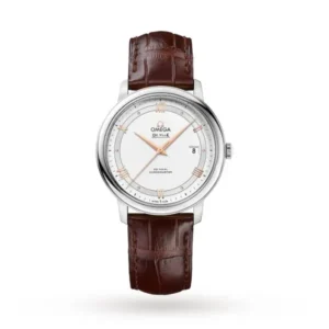 Omega De Ville Prestige O42413402002002 with a silver two-zone dial, 39.5 mm stainless steel case, and brown alligator leather strap.