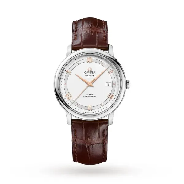 Omega De Ville Prestige O42413402002002 with a silver two-zone dial, 39.5 mm stainless steel case, and brown alligator leather strap.