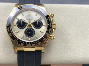 2-3 (1) Daytona 126518 ARF 1:1 Best Edition featuring a YG/Black Dial, Oysterflex strap, weighted case, fixed tachymeter bezel, and DD4131 V2 automatic chronograph movement
