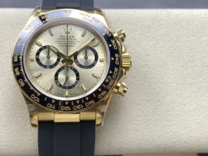 2-4 Daytona 126518 ARF 1:1 Best Edition featuring a Yellow Gold Dial, Oysterflex strap, weighted case, fixed tachymeter bezel, and DD4131 V2 automatic chronograph movement.