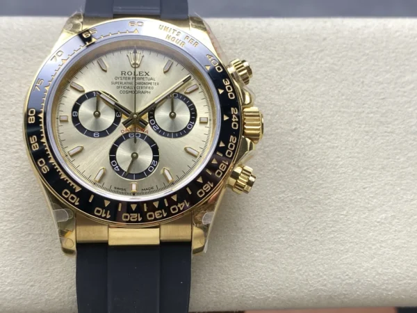 2-4 Daytona 126518 ARF 1:1 Best Edition featuring a Yellow Gold Dial, Oysterflex strap, weighted case, fixed tachymeter bezel, and DD4131 V2 automatic chronograph movement.
