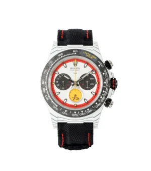 2025080807_5000x Daytona DIW Ferrari White Carbon DIWF Best Edition featuring a White and Red Dial, white carbon case, fixed carbon tachymeter bezel, black nylon strap, and DD4801 automatic chronograph movement.