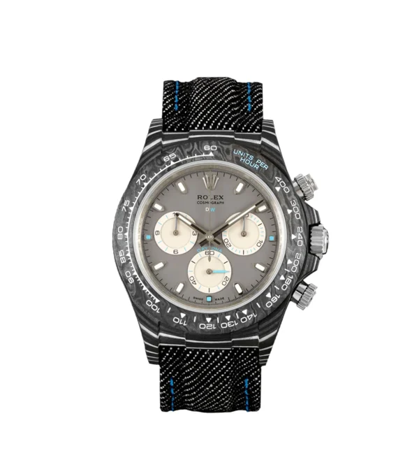 Daytona DIW Black Carbon Case DIWF Edition featuring a Gray and White Dial, black carbon case, fixed carbon tachymeter bezel, black nylon strap, and DD4801 automatic chronograph movement.