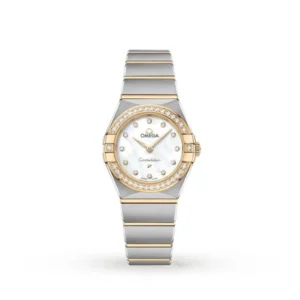 Omega Constellation O13125286052002 with a mother of pearl dial, diamond bezel, 28 mm stainless steel and 18K yellow gold case, and two-tone bracelet.