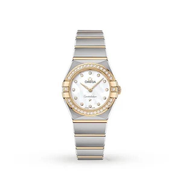 Omega Constellation O13125286052002 with a mother of pearl dial, diamond bezel, 28 mm stainless steel and 18K yellow gold case, and two-tone bracelet.