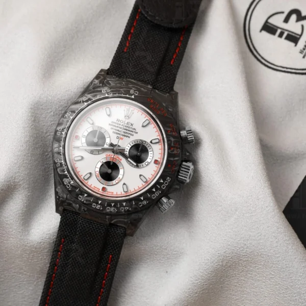 Daytona DIW Carbon N6F 1:1 Best Edition featuring a White Dial, carbon case, fixed carbon tachymeter bezel, black nylon strap, and DD4801 automatic chronograph movement.