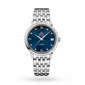 Omega De Ville Prestige O42410332053001 with a blue dial, diamond hour markers, 32.7 mm stainless steel case, and stainless steel bracelet.