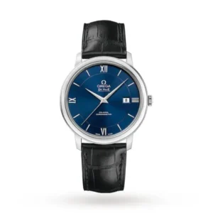 Omega De Ville Prestige O42413402003001 with a blue two-zone sun-brushed dial, 39.5 mm stainless steel case, and black leather strap.