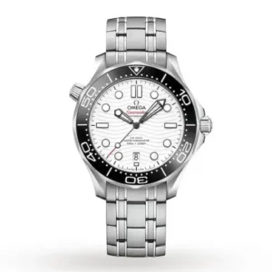 Omega Seamaster Diver 300M O21030422004001 with a white ceramic wave-pattern dial, 42 mm stainless steel case, black ceramic bezel, and stainless steel bracelet.