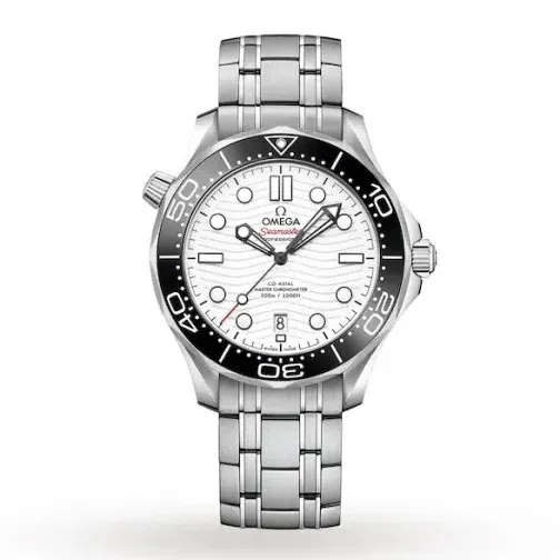 26BE688C-09EA-0B15-9CE3-6FB843230EC9 Omega Seamaster Diver 300M O21030422004001 with a white ceramic wave-pattern dial, 42 mm stainless steel case, black ceramic bezel, and stainless steel bracelet.