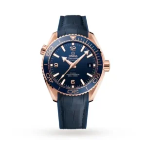 Omega Seamaster Planet Ocean O21563442103001 with a blue ceramic dial, 43.5 mm 18K Sedna™ Gold case, blue ceramic bezel, and blue leather strap.