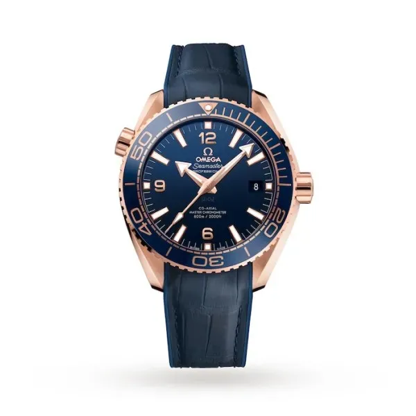 Omega Seamaster Planet Ocean O21563442103001 with a blue ceramic dial, 43.5 mm 18K Sedna™ Gold case, blue ceramic bezel, and blue leather strap.
