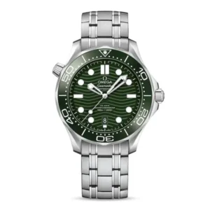 Omega Seamaster Diver 300M O21030422010001 with a green ceramic wave-pattern dial, 42 mm stainless steel case, green ceramic bezel, and stainless steel bracelet.