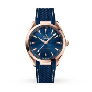 Omega Seamaster Aqua Terra O22052412103001 with a blue teak-pattern dial, 41 mm 18K Sedna™ Gold case, and blue structured rubber strap.
